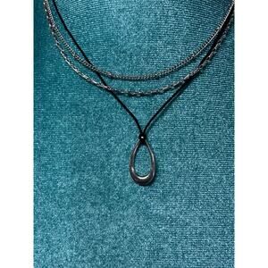 Universal Thread Layered Silver Necklace Black Cord Teardrop Pendant